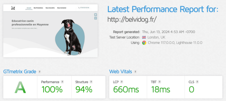 Résultats d'Analyse de GTMetrix pour belvidog.fr : note de A pour un serveur situé à Londres